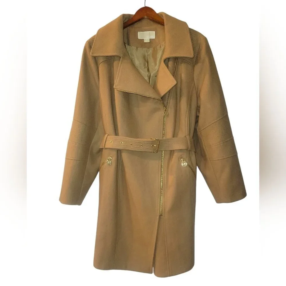 Michael Michael Kors Asymmetrical Trench Belted Wrap Camel Wool Walker Coat 2X